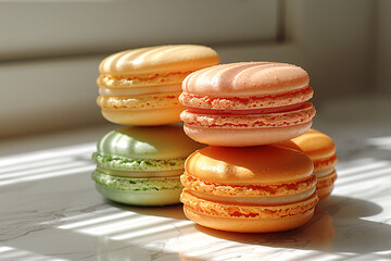 French macarons stack lined up in a neat row with blur background