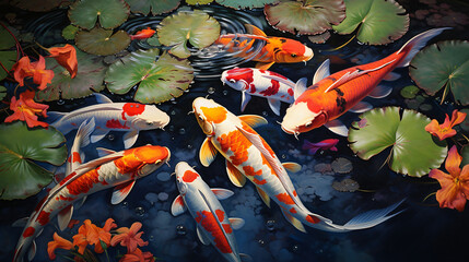Oil Painting  Koi fishes gather together ..