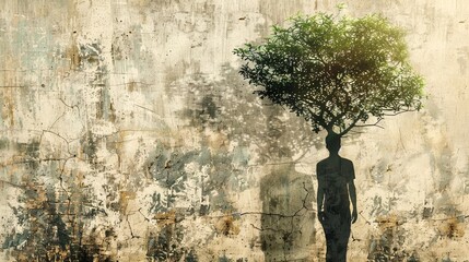 Artistic representation of human as a tree, emphasizing the concept of growth, with an abstract grunge background texture