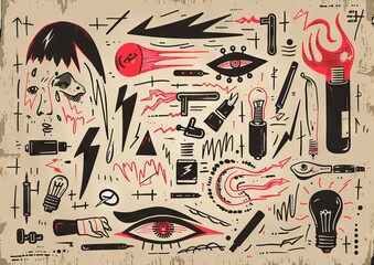 Abstract doodle art with eyes and objects. A monochromatic doodle art style image, featuring eyes, light bulbs, syringes, and various abstract shapes