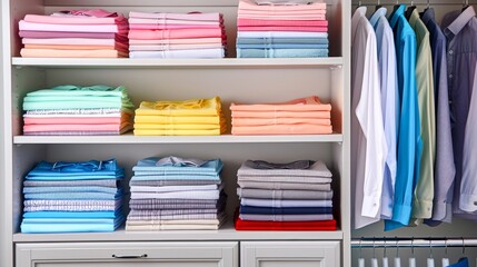 A well-organized closet space with neatly folded colorful towels and hung clothes, illustrating order and tidiness