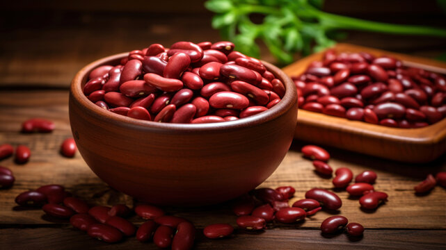 Red kidney beans in a bowl on a wooden background. Selective focus.