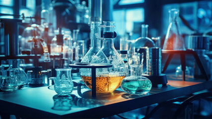 Laboratory glassware containing chemical liquid. Science laboratory research and development concept.