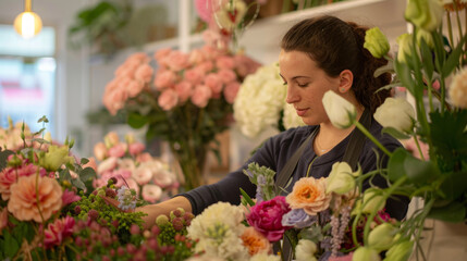Exquisite flowers displayed in a sophisticated flower shop, showcasing a diverse range of colors...