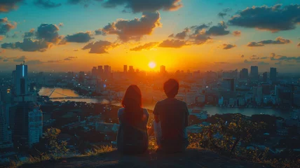 Fotobehang A couple travel in thailand bangkok city background,generative ai © Suralai