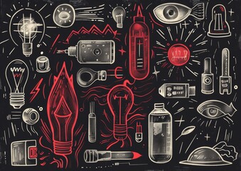 Abstract doodle art with eyes and objects. A monochromatic doodle art style image, featuring eyes, light bulbs, syringes, and various abstract shapes