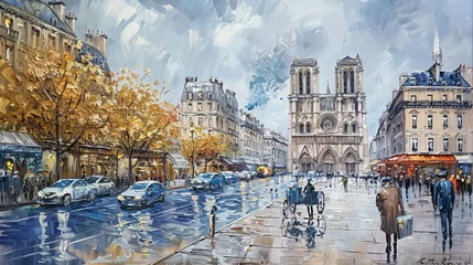 Papier Peint photo Paris Oil Painting  Street View of NotreDame de Paris 