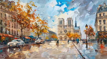 Oil Painting  Street View of NotreDame de Paris 