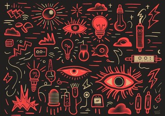 Abstract doodle art with eyes and objects. A monochromatic doodle art style image, featuring eyes, light bulbs, syringes, and various abstract shapes