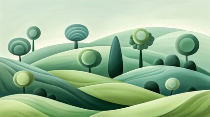 Artistic illustration of smooth rolling hills with whimsical trees in pastel green tones, conveying serenity