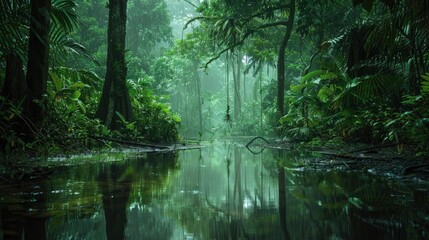 Tropical Rain Forest Landscape with Mirror-like Water Surface Perfectly Reflecting the Greenery and Trees in the Amazon Jungle