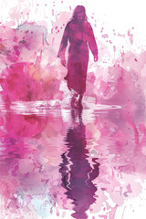 Pink splash watercolor of Jesus Christ walking on water