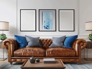 Coffee table near castered Leather Sofa with pillows against white wall. The wall with blank frame. modern living room interior design.