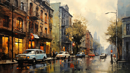 Oil Painting  Urban Street View  - obrazy, fototapety, plakaty