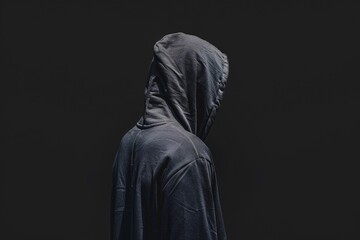 Unrecognizable Faceless Man in Hoodie standing on Black Background. Danger and Mystery Concept