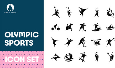 Big set of vector icons for different sports. Modern flat pictograms of football, basketball, rock climbing, breakdancing, cycling, swimming, tennis, volleyball, hockey. Sports competitions, events.