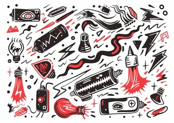 Abstract doodle art with eyes and objects. A monochromatic doodle art style image, featuring eyes, light bulbs, syringes, and various abstract shapes