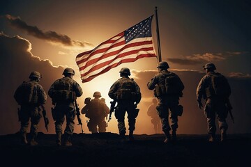 Silhouetted US Soldiers Stand Tall at Sunset Against the American Flag: A Tribute to Veterans Day, Military Service, and National Pride in the Backdrop of War, Independence Day, Victory, Patriotism  - obrazy, fototapety, plakaty