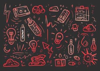 Abstract doodle art with eyes and objects. A monochromatic doodle art style image, featuring eyes, light bulbs, syringes, and various abstract shapes