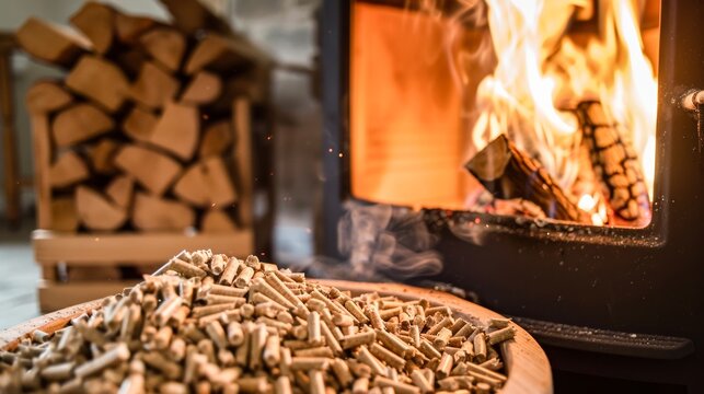 A warm and inviting image capturing the essence of home warmth with a focus on alternative wood pellets used for burning in the stove