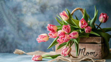Fototapeta na wymiar Greeting card, banner, Bouquet of tulips on the table with the text 