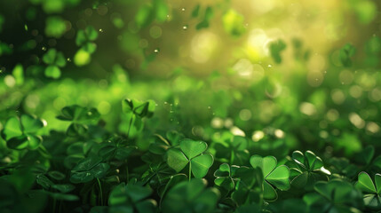 Field of green clover with raindrops. Fermented shamrock sunshine in the background. St.Patrick 's Day. Place for text. bokeh