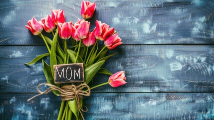 Greeting card, banner, Bouquet of tulips on the table with the text "Mom". Copy space. Mother's Day, Birthday, Anniversary, March 8