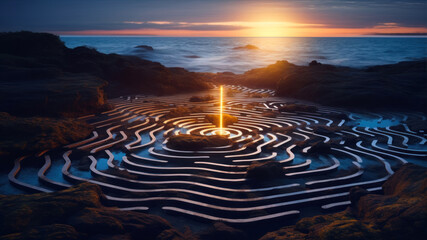 Fototapeta na wymiar 3D illustration of a beautiful sunset over the sea and a maze