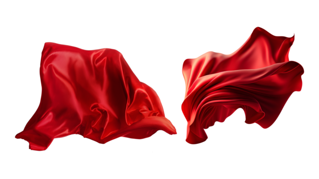 Flying red silk fabric. Waving satin cloth isolated on transparent PNG background.
