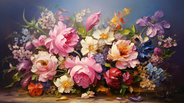Oil painting a bouquet of flowers . 