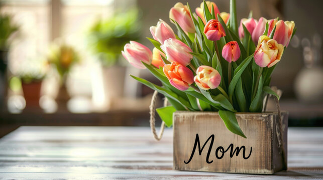 Greeting card, banner, Bouquet of tulips on the table with the text "Mom". Copy space. Mother's Day, Birthday, Anniversary, March 8