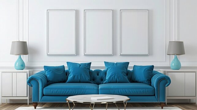 Coffee table near castered Leather Sofa with pillows against white wall. The wall with blank frame. modern living room interior design.