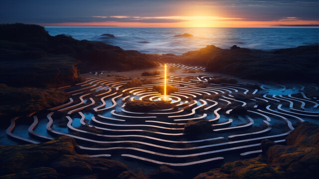 3D illustration of a beautiful sunset over the sea and a maze