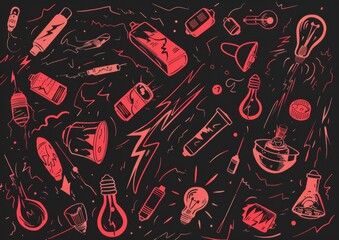Abstract doodle art with eyes and objects. A monochromatic doodle art style image, featuring eyes, light bulbs, syringes, and various abstract shapes