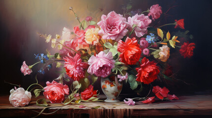 Oil painting a bouquet of flowers . 