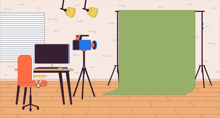 Chromakey screen at shooting set cartoon flat illustration. Empty video recording studio 2D line interior colorful background. Realistic games development scene vector storytelling image