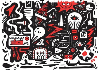 Abstract doodle art with eyes and objects. A monochromatic doodle art style image, featuring eyes, light bulbs, syringes, and various abstract shapes