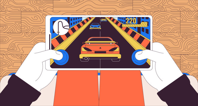 Person playing racing videogame 2D linear illustration concept. Hands holding smartphone with open game background. Mobile gaming hobby cartoon scene metaphor abstract flat vector outline graphic