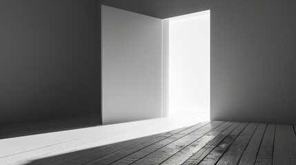 An open door allows light to stream into a stark, minimalistic room with high contrast and clean lines