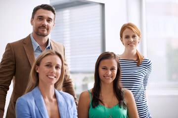 Obraz premium Portrait, office and group of business people with smile, opportunity or creative collaboration. Consultant, man and women with support, trust and confidence for professional team at startup together