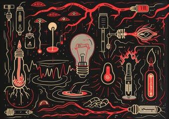 Abstract doodle art with eyes and objects. A monochromatic doodle art style image, featuring eyes, light bulbs, syringes, and various abstract shapes