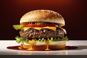 Classic cheeseburger with lettuce, tomato, melted cheese on a sesame seed bun.Generative ai