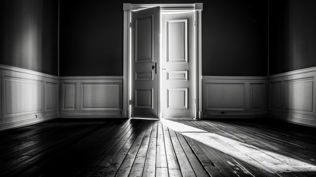 A partially open door in a classic room with dramatic sunlight casting a long shadow on the wooden floor
