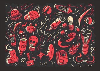 Abstract doodle art with eyes and objects. A monochromatic doodle art style image, featuring eyes, light bulbs, syringes, and various abstract shapes