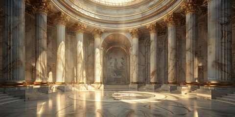 Opulent classic rotunda interior with Corinthian columns and radiant sunlight