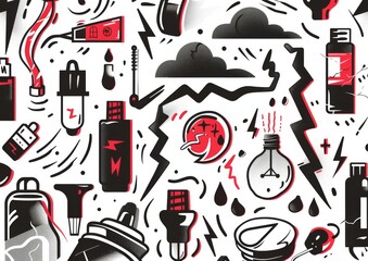 Abstract doodle art with eyes and objects. A monochromatic doodle art style image, featuring eyes, light bulbs, syringes, and various abstract shapes