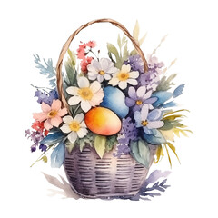 Easter eggs in basket with flowers. Watercolor illustration. Isolated on transparent background.