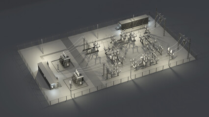 Electrical substation on a dark background at night. Schematic top view in isometry. 3d illustration