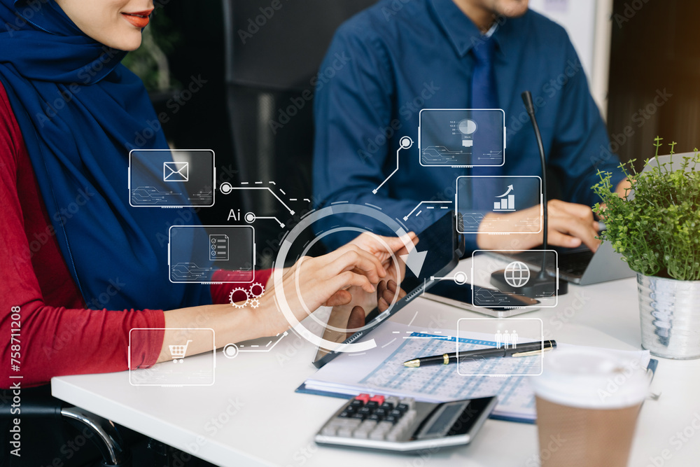 Aufkleber working team meeting concept, business using laptop and smart phone and digital tablet computer with