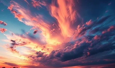 Fotobehang Sky at sunset, sky at sunrise, clouds, orange clouds cirrus clouds, cumulus clouds, sky gradient, sky background at dusk, twilight, nightfall, pink sky, pink clouds, sun, environment, Generative AI  © Image Quotient